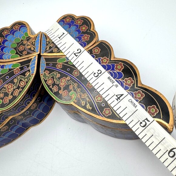 Cloisonné Vtg Brass Butterfly Trinket Box Blue Green Black Gold Tone Chinese - Picture 4 of 15